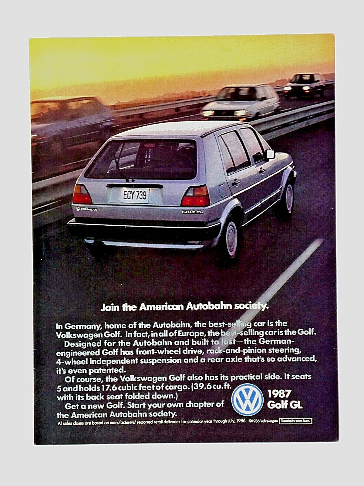 1987 Volkswagen Golf Vintage Autobahn Society Original Regional Print Ad 8.5x11\