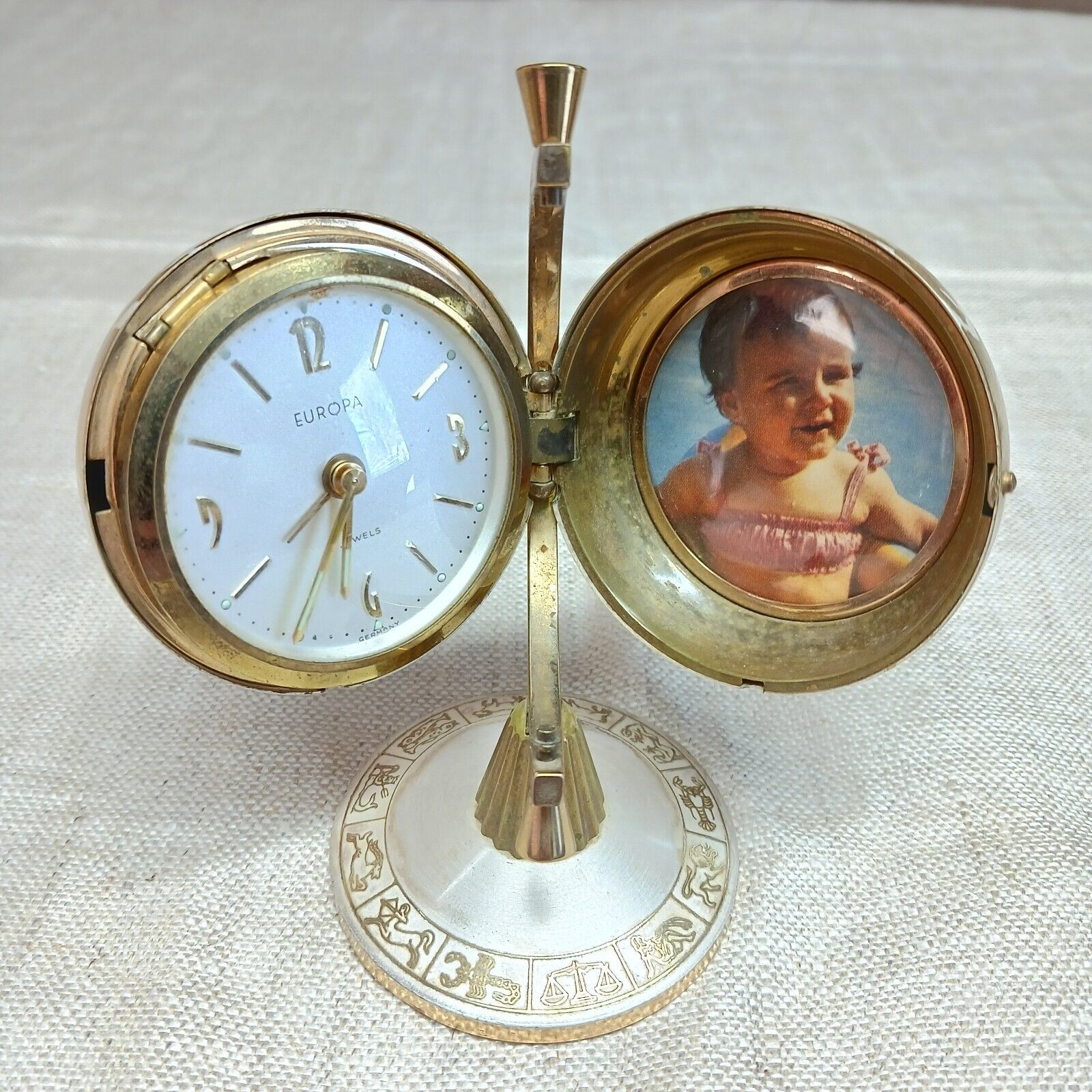 Vintage Working Europa Zodiac Globe Travel Alarm Clock Brass & Enamel Germany