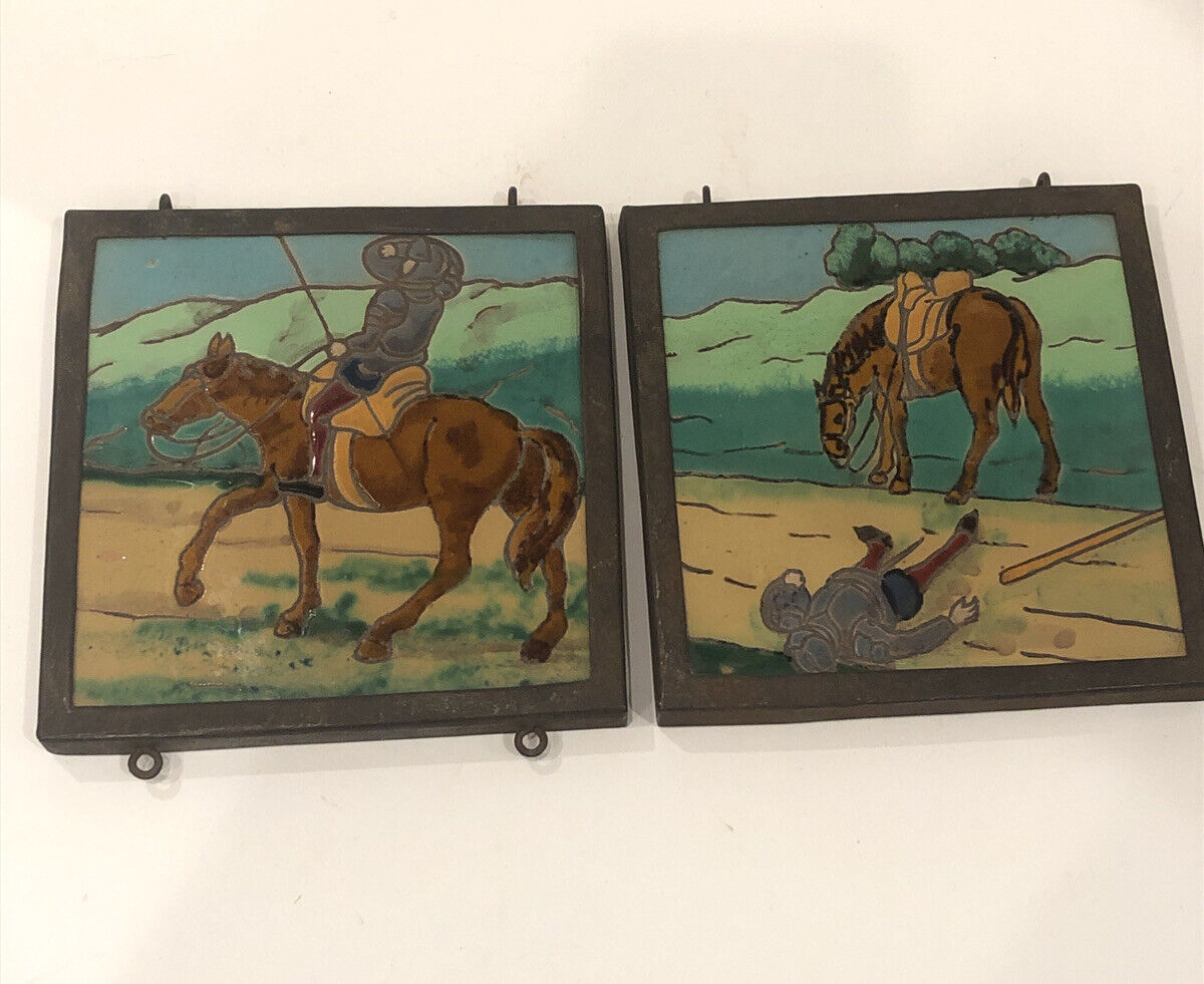 Pair Of Vintage Framed Remos Rejano Spanish Ceramic Art Work Tiles 5 1/2” Horse