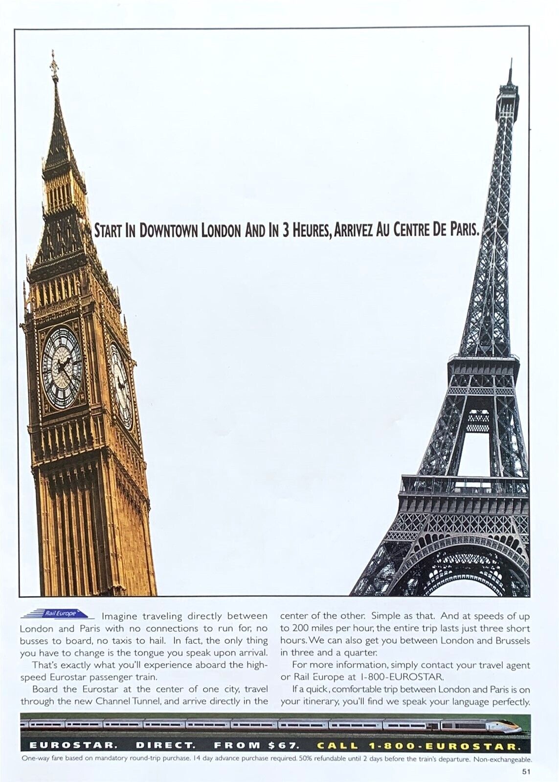 1995 EUROSTAR High Speed Passenger Train London-Channel Tunnel-Paris PRINT AD