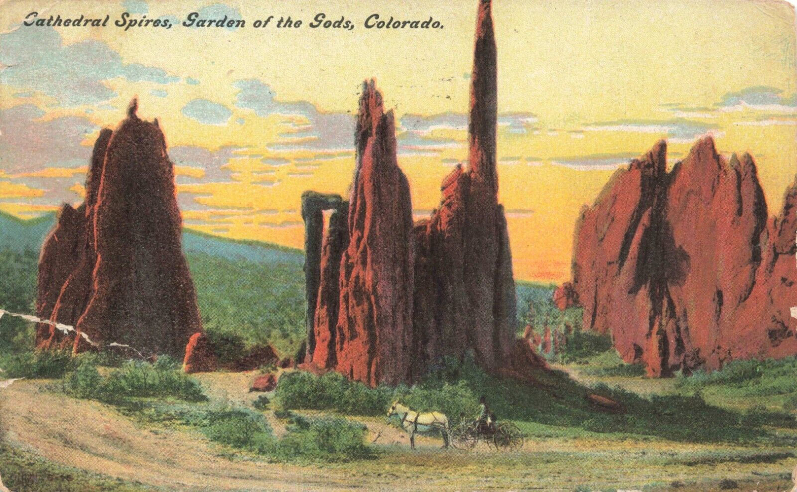 Postcard CO Colorado Springs 1911 Garden of Gods Cathedral Spires Horse & Wagon