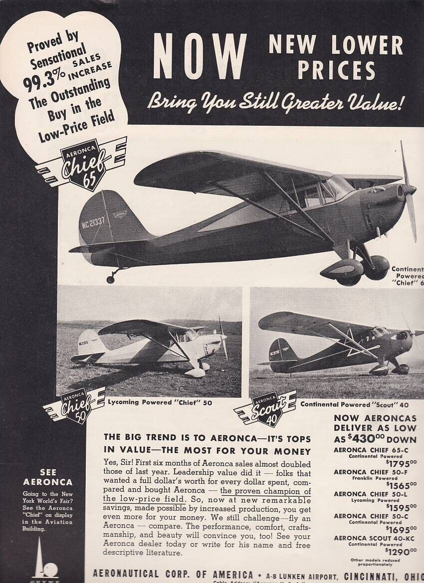 1939 Aeronca Chief 50, 65 & Scout Aircraft ad 3/2/2023i