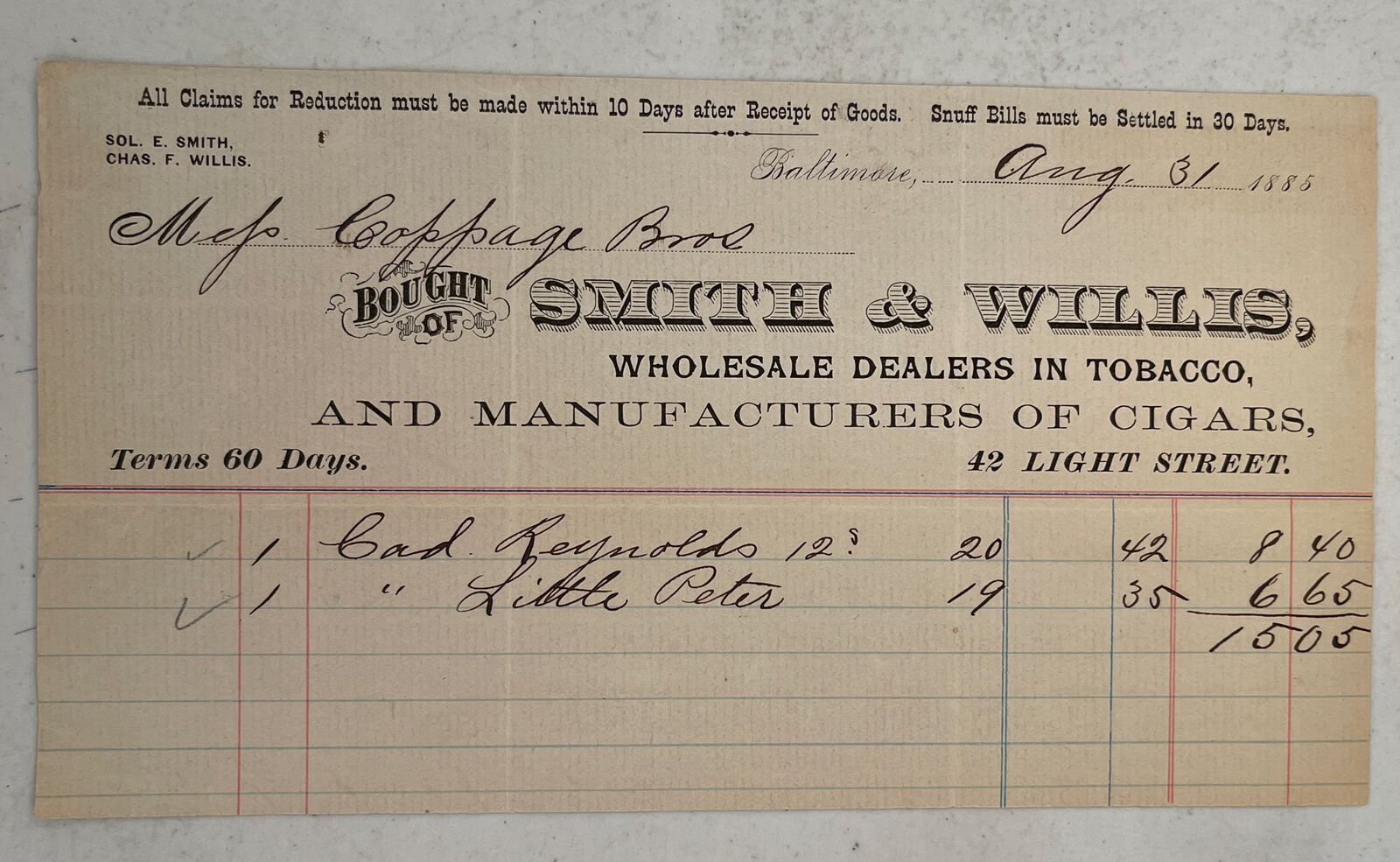 Original Antique 1885 Tobacco Cigar Billhead Receipt Baltimore Smith and Willis