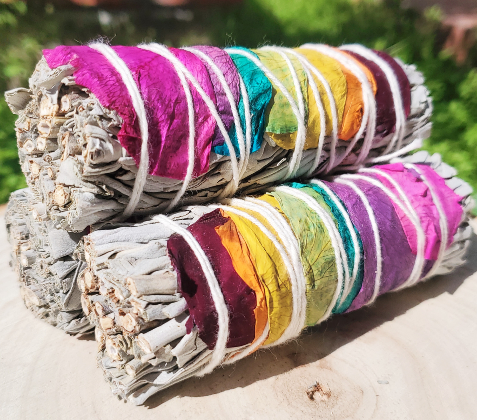3 Pack 7 Chakra White Sage Smudge Bundles Sticks Wrapped With Rose Petals