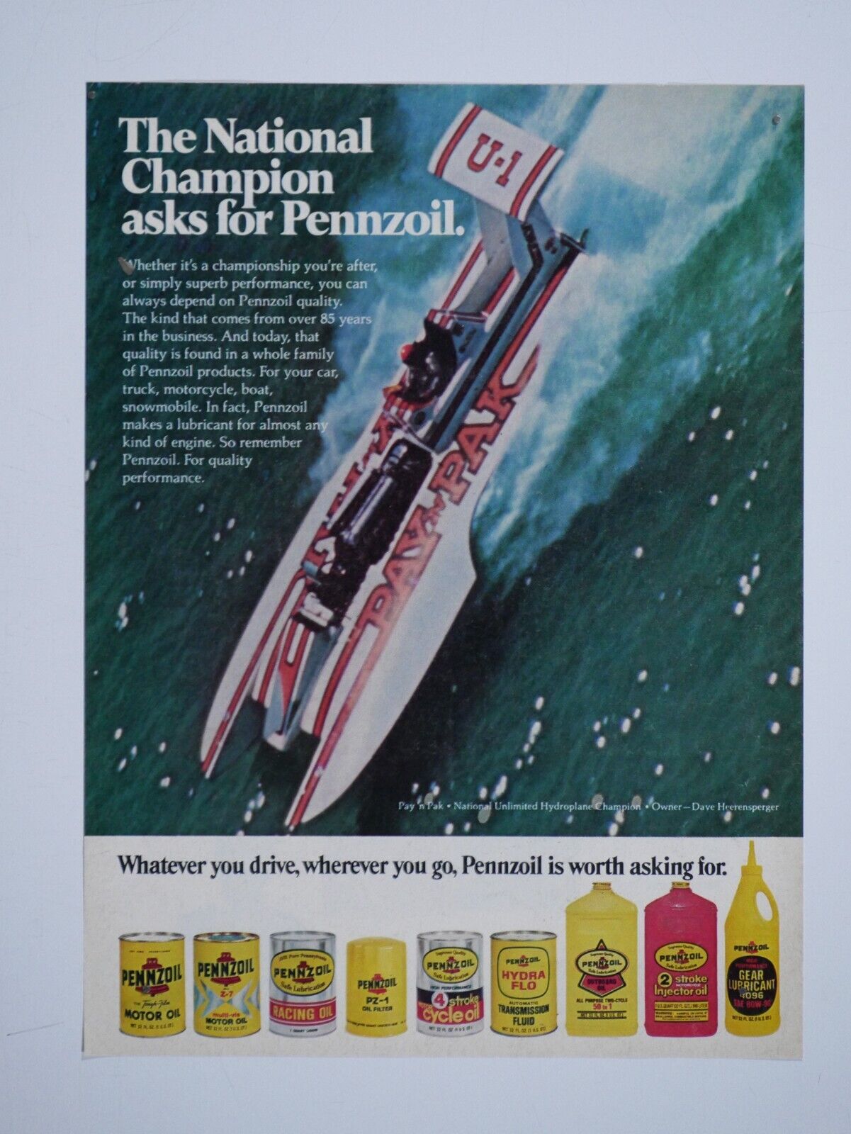 1975 Pennzoil Vintage National Unlimited Hydroplane Champion Original Print Ad