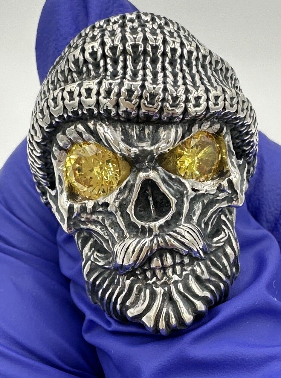 Custom 3D 925 Sterling Silver Head Scarf Skull Ring With Yellow CZ Eyes Sz -9