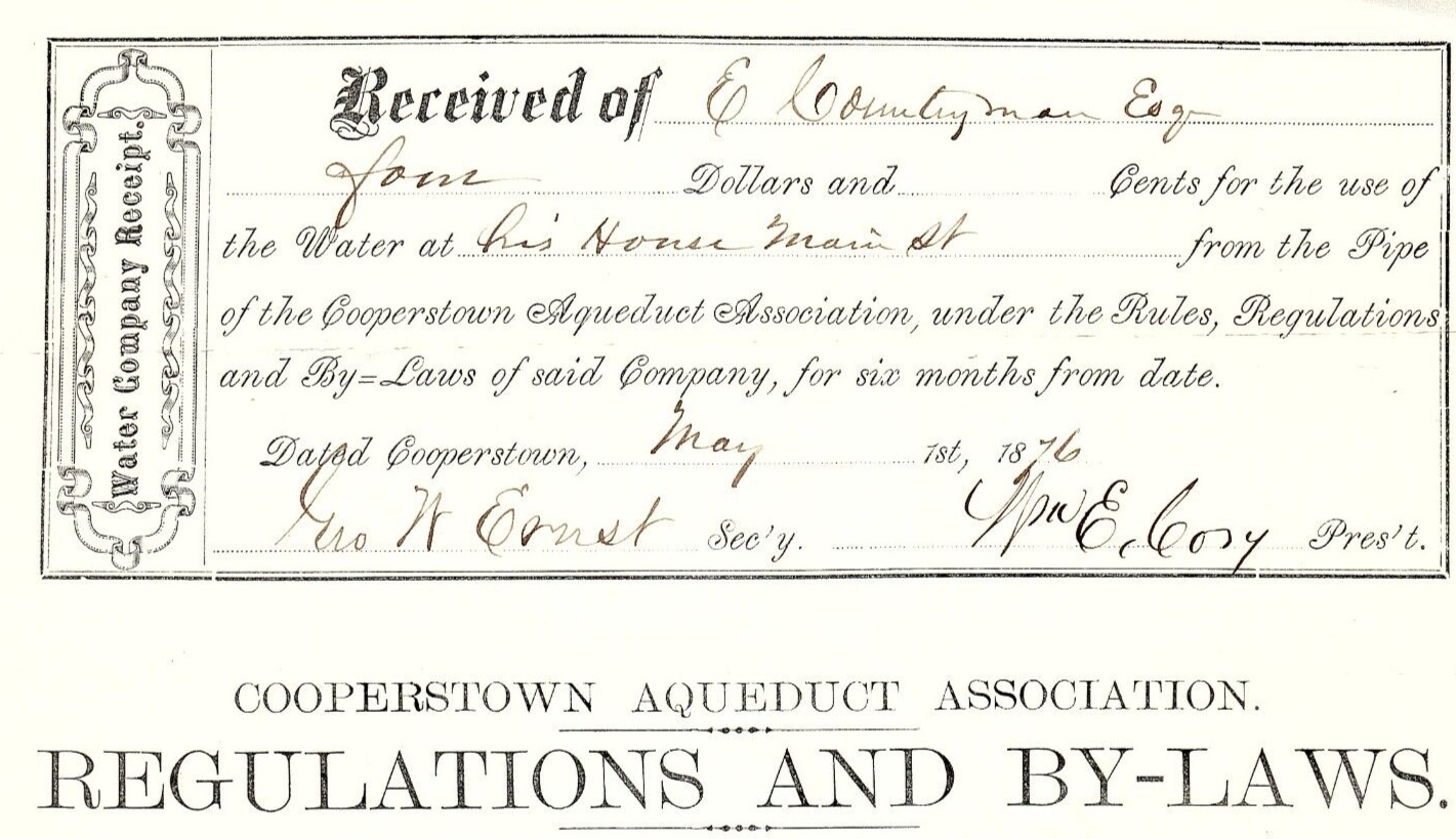 1876 COOPERSTOWN NY AQUEDUCT ASSOC WATER COMPANY RECEIPT BILLHEAD INVOICE Z4047