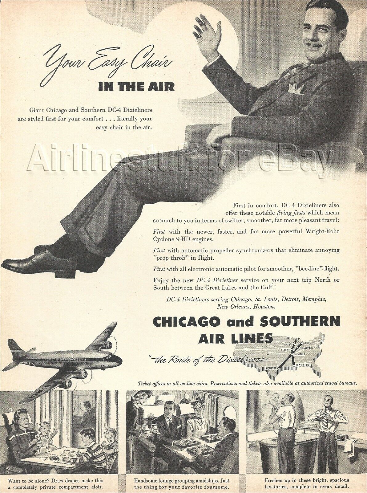 1946 CHICAGO & SOUTHERN Airlines Douglas DC-4 Dixieliners PRINT AD airway advert