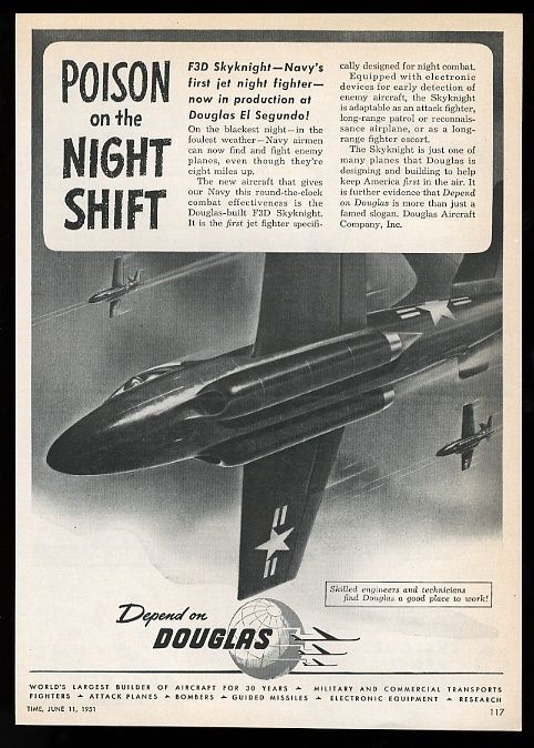 1951 US Navy F3D Skyknight 3 plane art Douglas Aviation vintage print ad