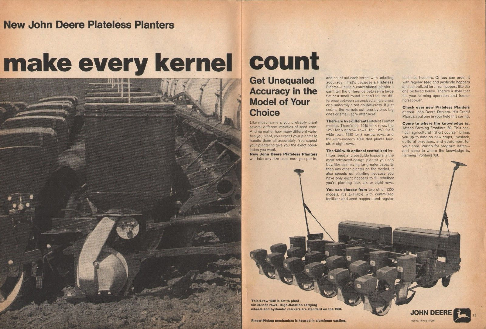 1969 2pg Print Ad of John Deere Tractor 1300 Plateless Planter