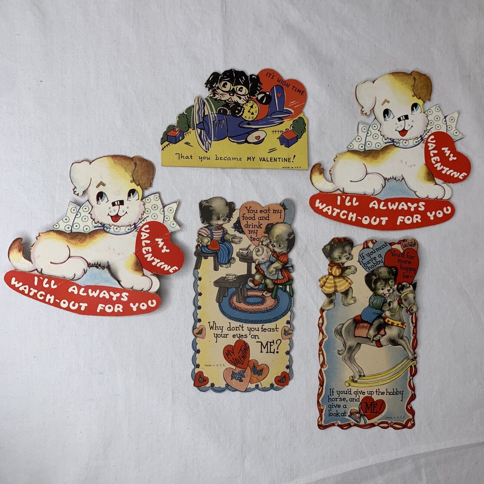 Vtg 1940s Valentine Cards Lot (5) WWII Era Dogs Puppies Mans Best Friend Die Cut