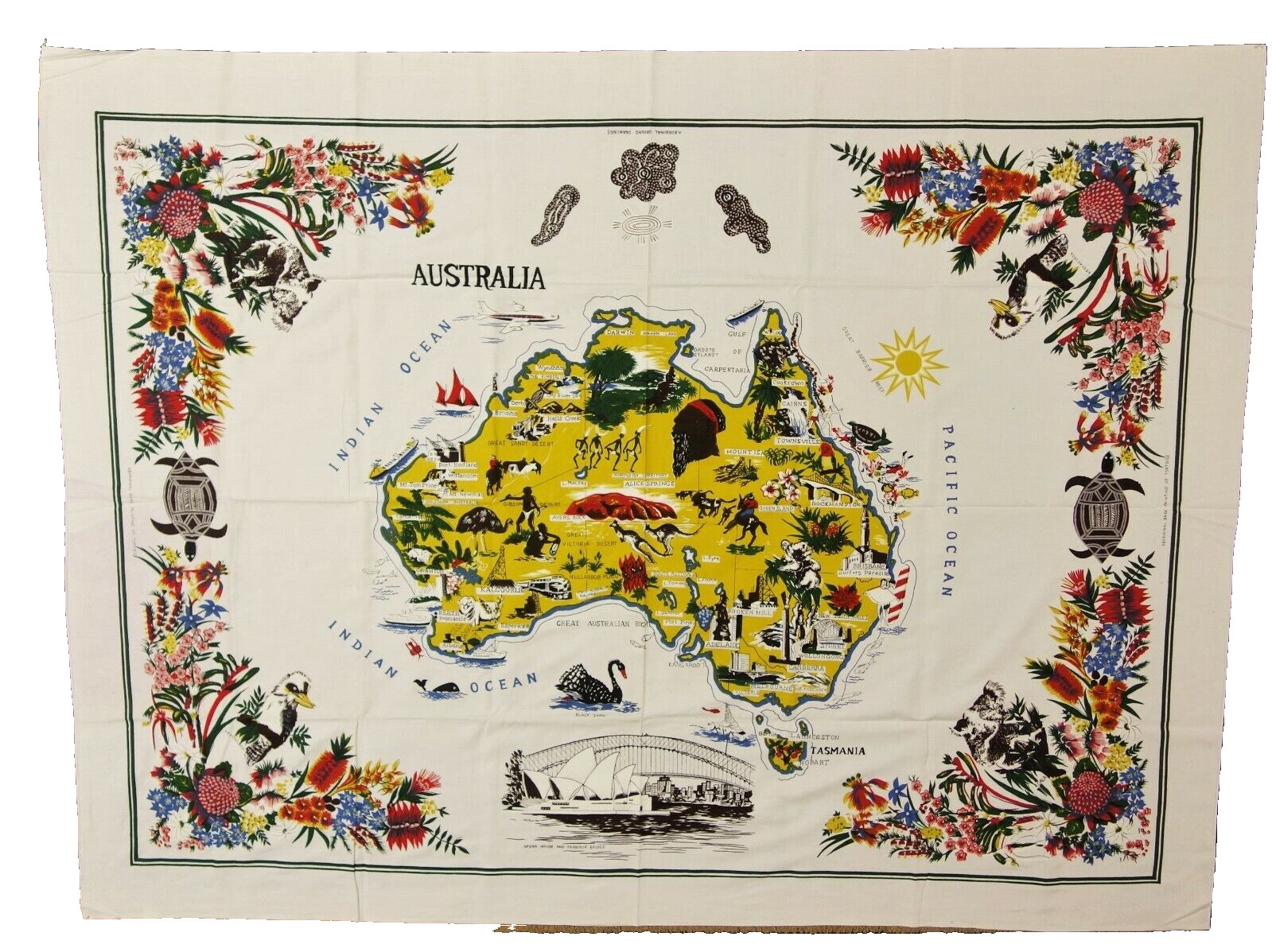 Australia Map Surrounding Oceans Tablecloth Vtg 50-60s Souvenir 68x53