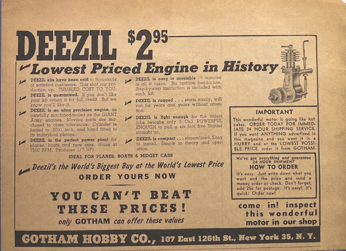 Vintage Print Ad 1949 Deezil Model Airplane Engine Gotham Hobby Co. New York