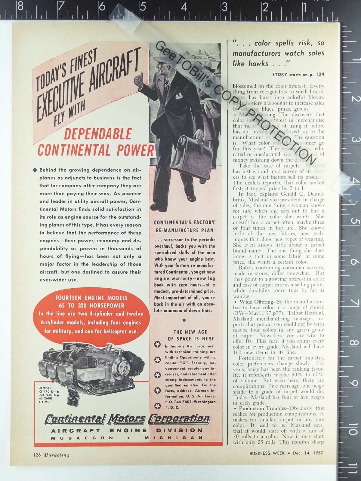 1957 ADVERTISING- Continental Motor Corp Aircraft airplane engine O-470-K 6 cyl