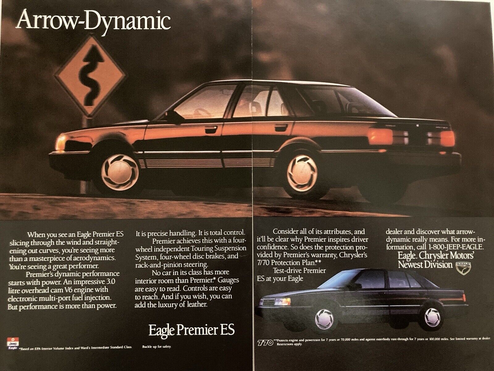1990 Jeep Eagle Premier ES Two Page Print Ad Arrow Dynamic