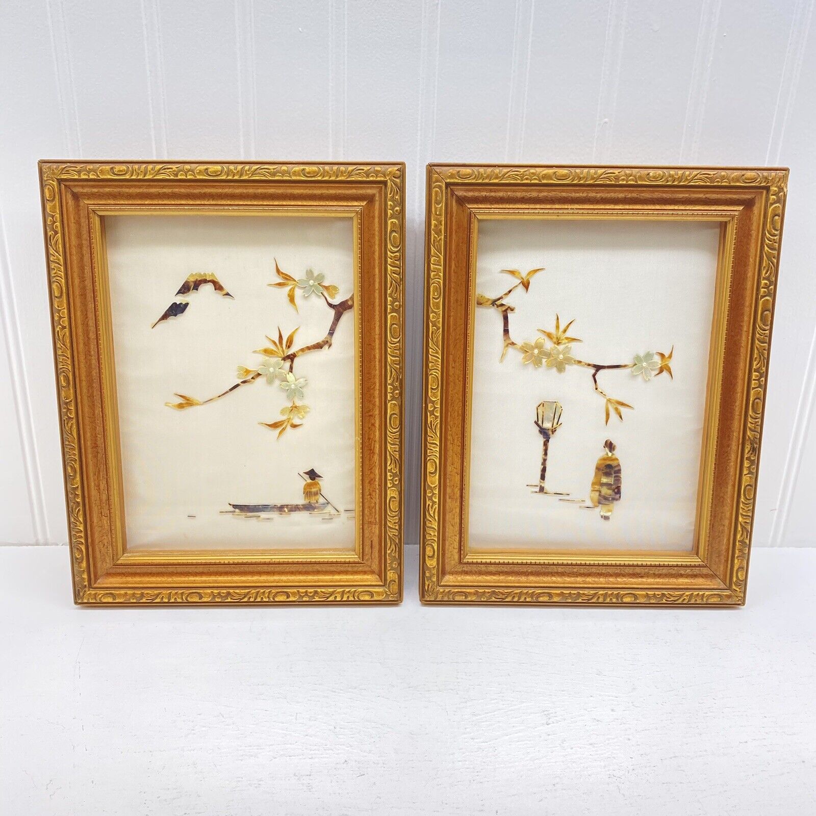 2 Vintage Framed Chinese shell Art Home Decorative Wall Hanging