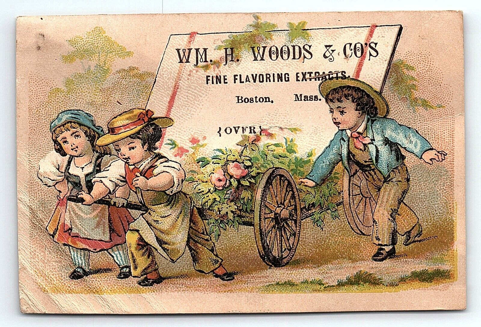 c1880 BOSTON MA WM. H. WOODS & CO FLAVORING EXTRACTS VICTORIAN TRADE CARD P2828G