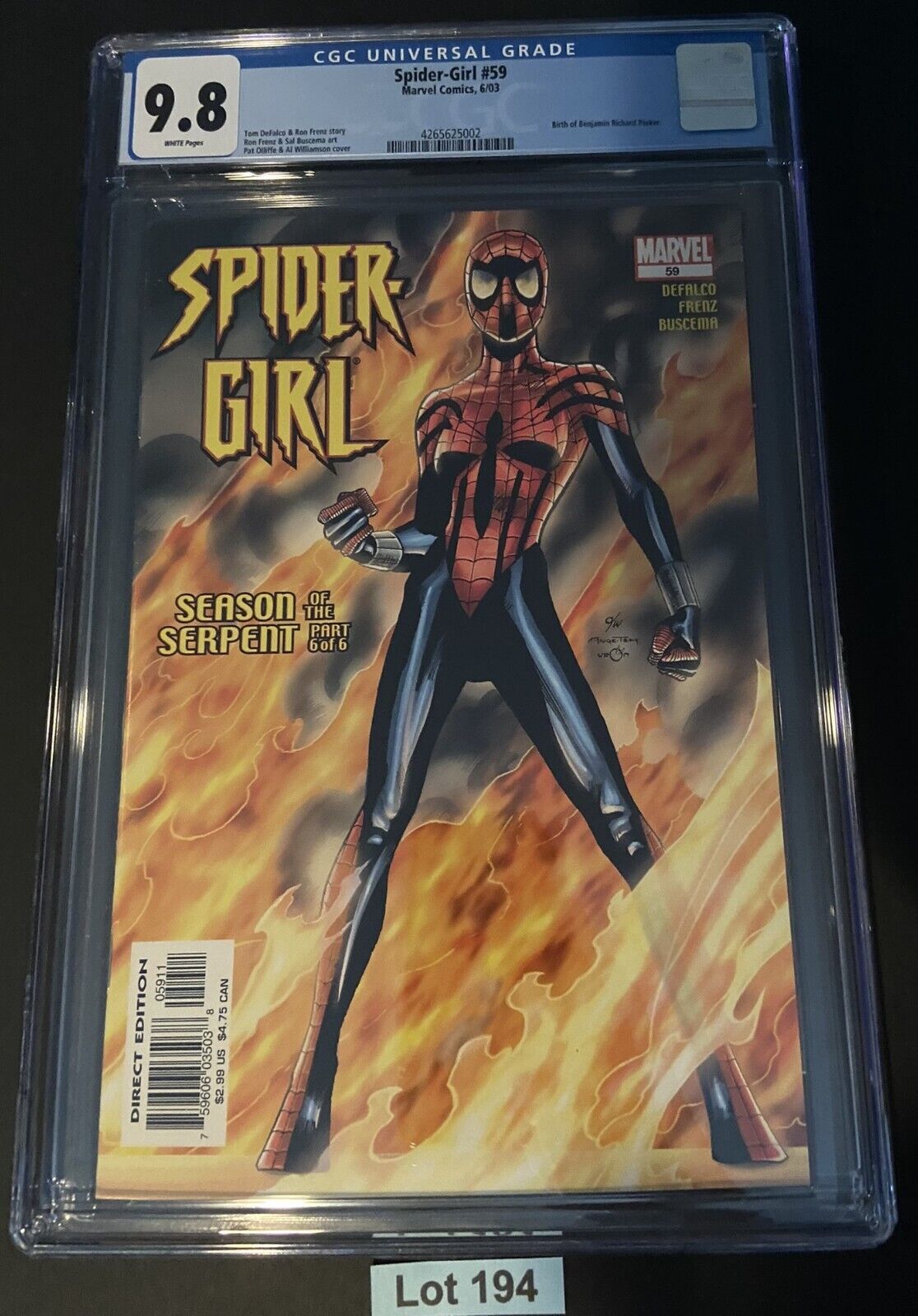 Spider-girl #59, CGC 9.8. Key: Birth of Benjamin Parker, June 2003 white pgs🔥🕸