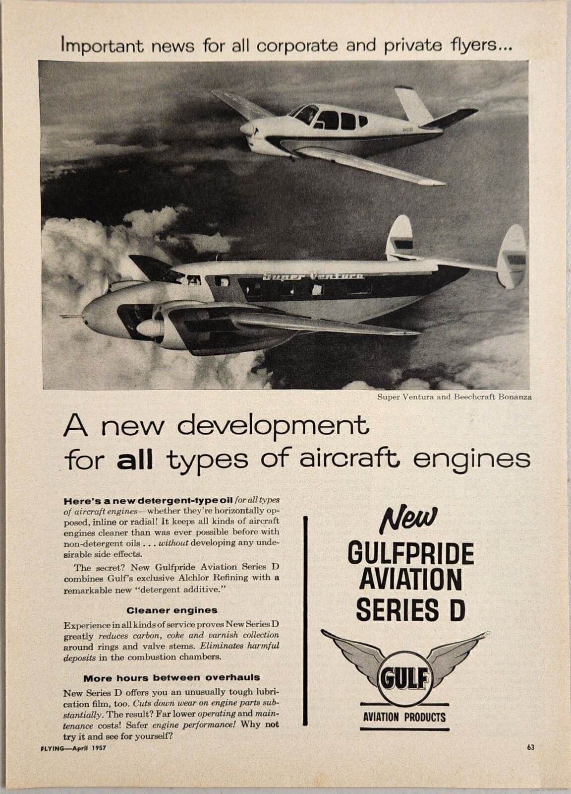 1957 Print Ad Gulf Aviation Products Beechcraft Bonanza & Super Ventura 