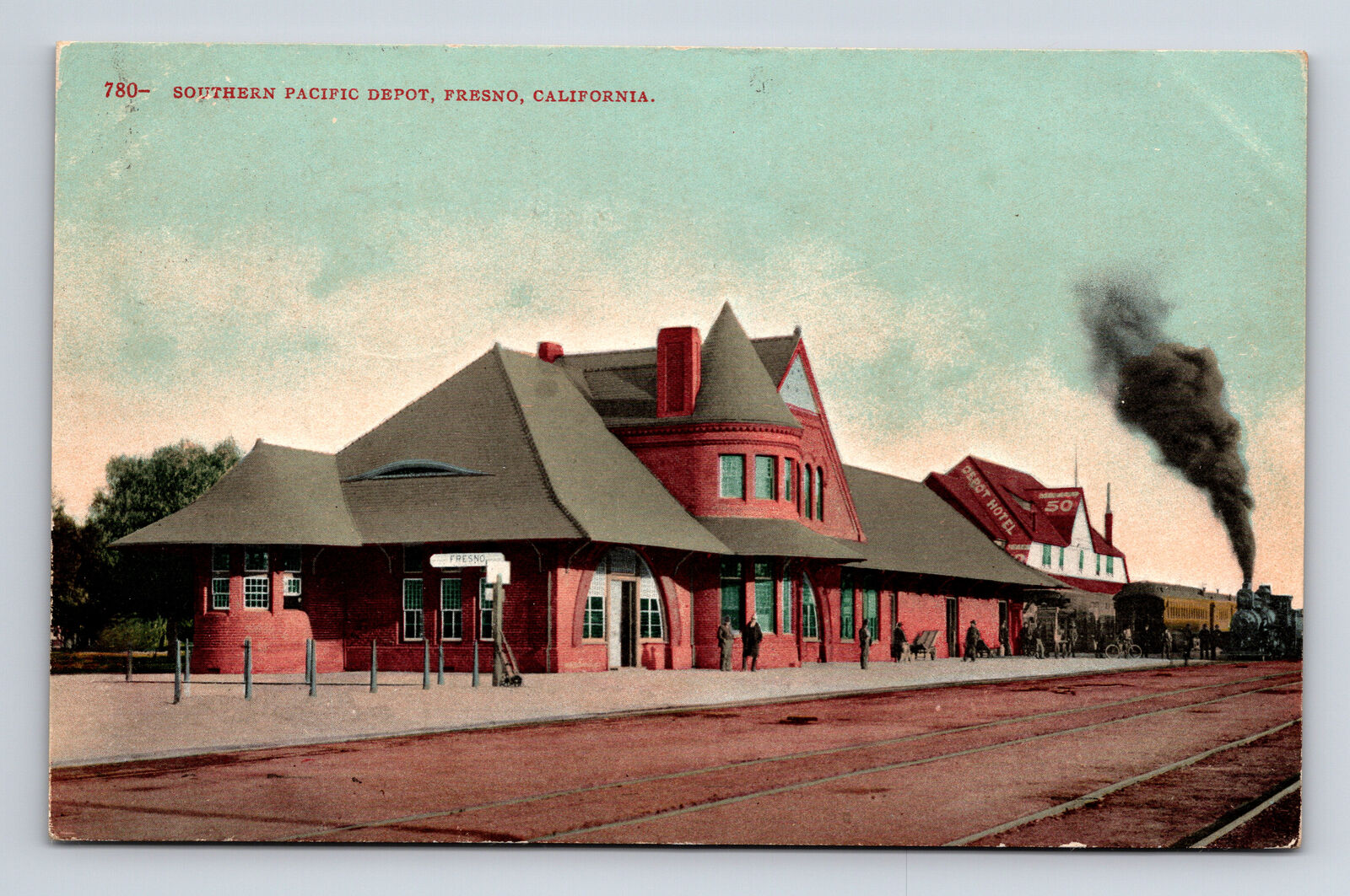 1908 Southern Pacific Train Depot & Hotel Fresno CA Edw H Mitchell Postcard