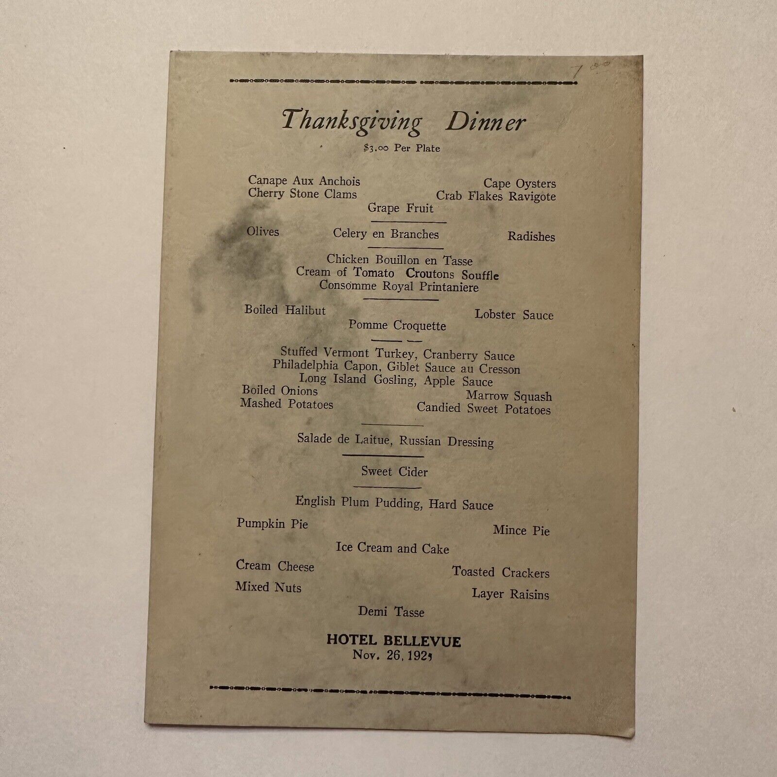 Vintage HOTEL BELLEVUE Menu Thanksgiving Dinner November 26 1925 Philadelphia?