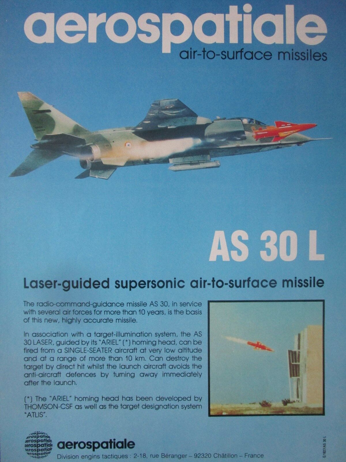 12/1982 PUB AEROSPACE TACTICAL CRAFT JAGUAR AS 30 LASER MISSILE ORIGINAL AD