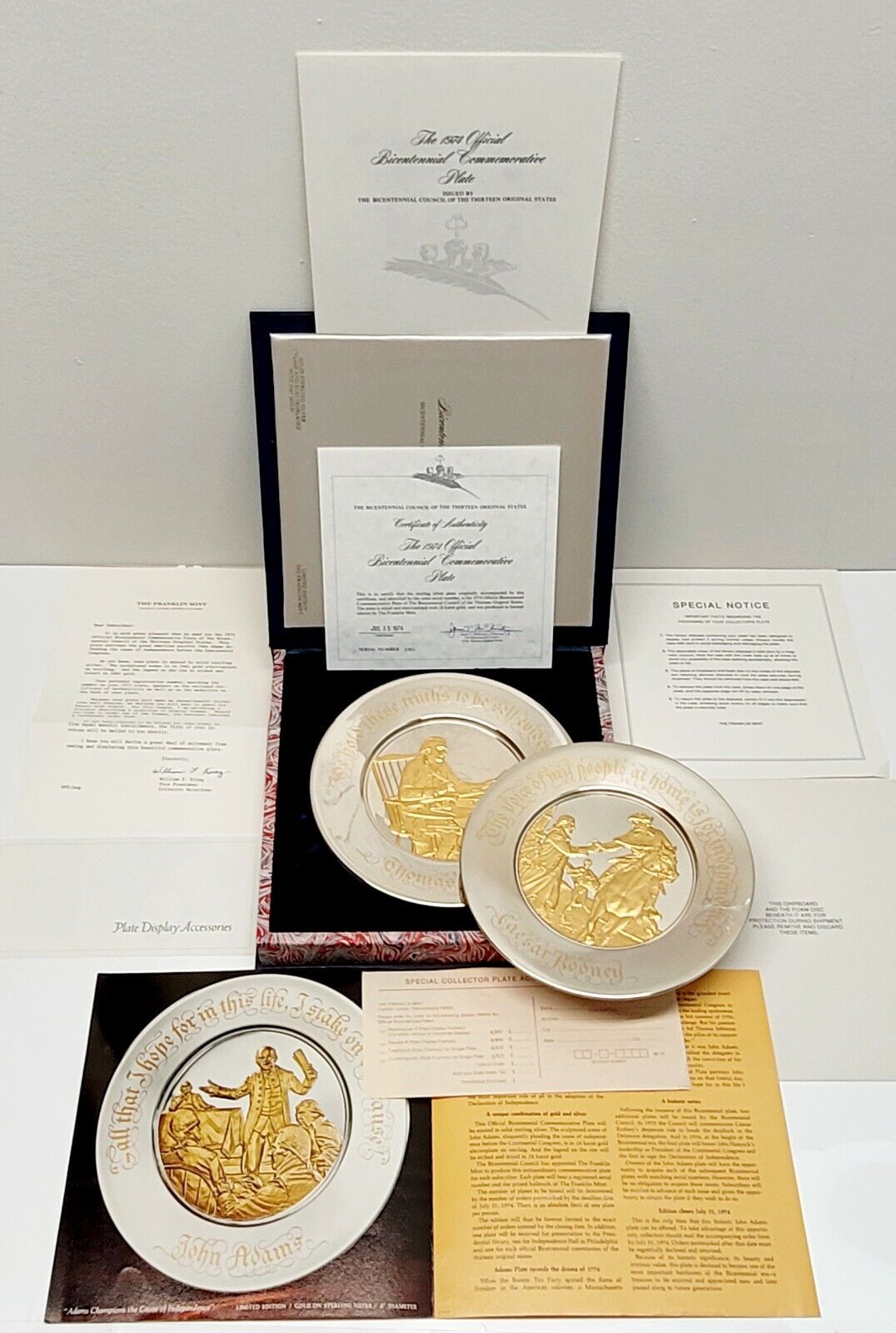 The 1974 Official Bicentennial 2 Plates Solid Silver/24K Gold W/ Certificate 