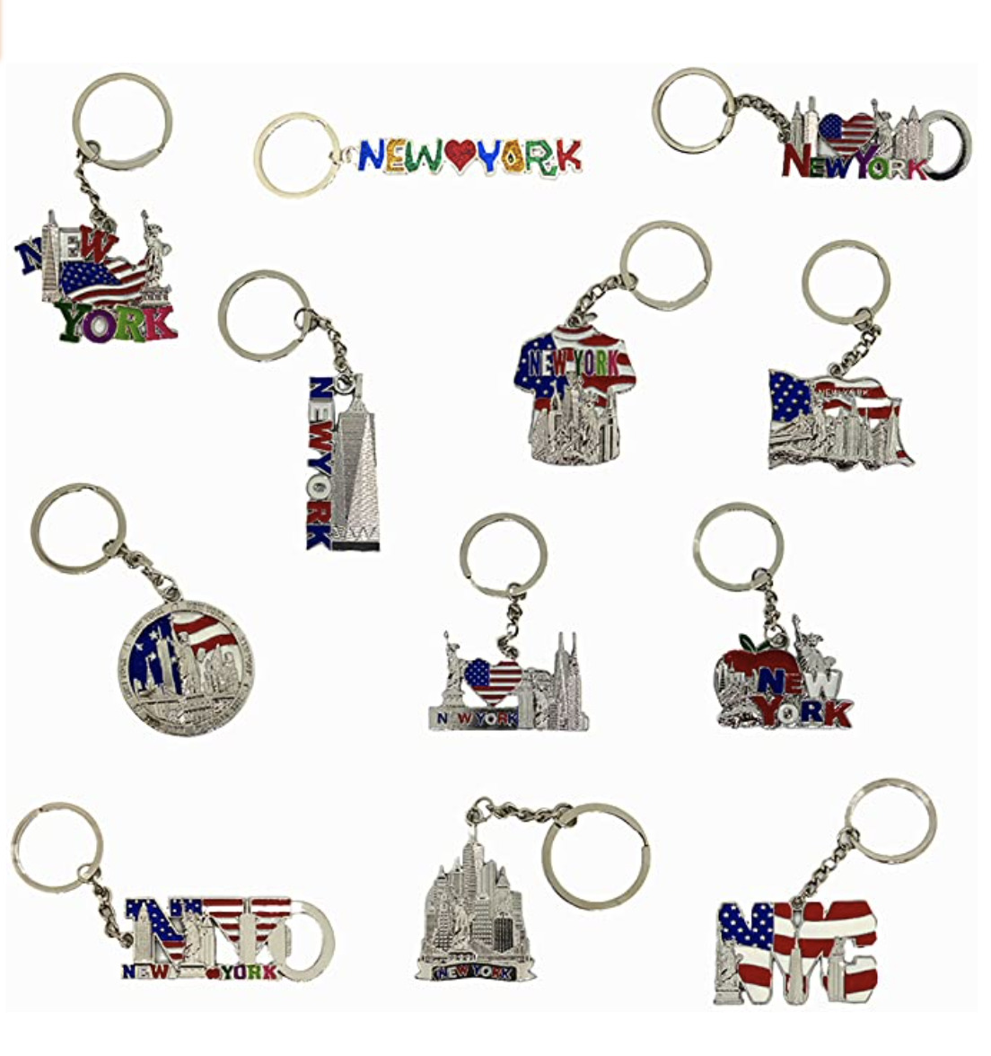 12 Pack New York City Metal Keychains NYC  KeyRing Souvenir Collection, Gift Set