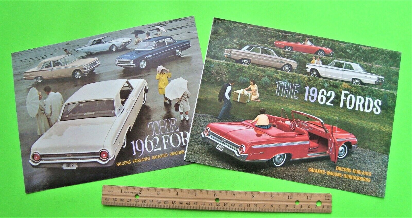 2 Diff 1962 FORD FULL LINE COLOR BROCHURES Falcon GALAXIE Wagons T-BIRD Xlnt+