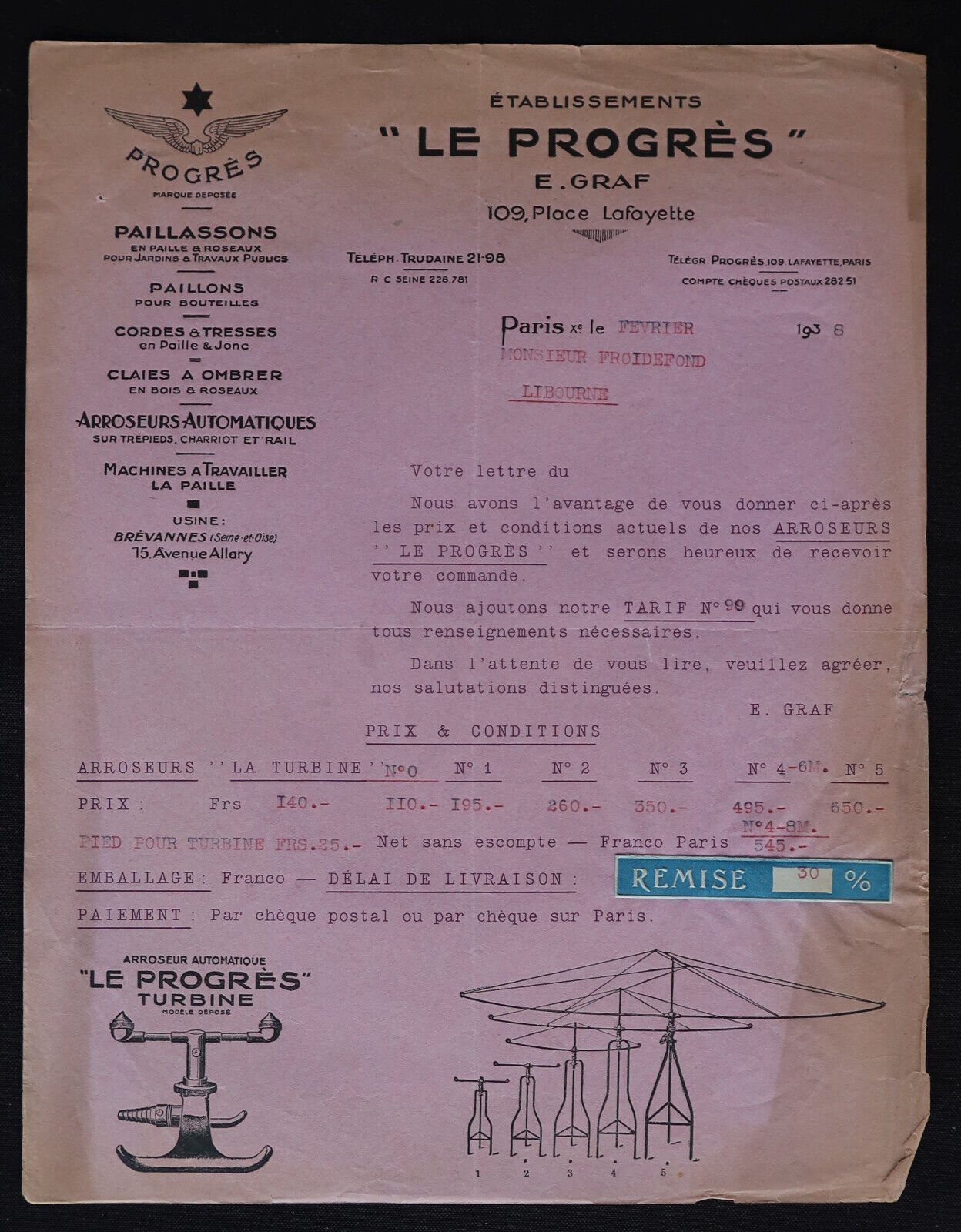 1938 PARIS LE PROGRES E GRAF invoice sprinklers ropes 147