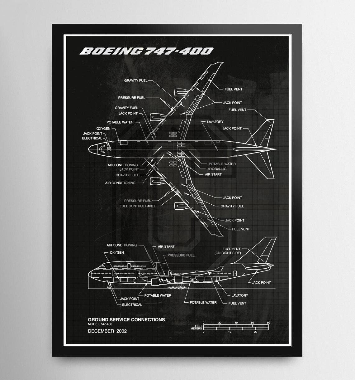 Blueprint Boeing B747 Aircraft Print, Canvas - Aviation Gift, Aerospace, Airline
