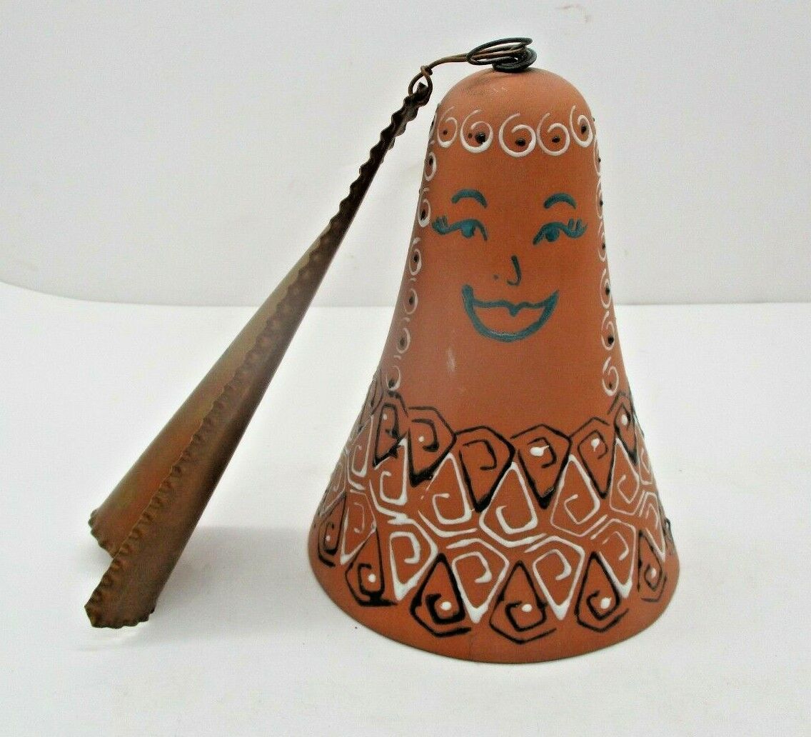 Vintage Terra Cotta Bell Hand Painted with Face
