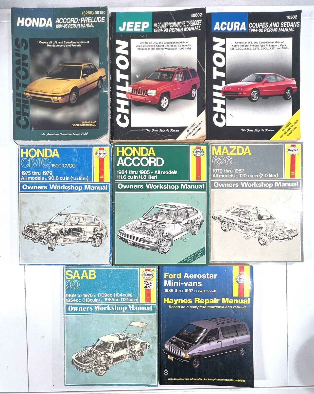 Vintage Chilton/Haynes Repair Manual Lot Of 8, Honda Saab Ford Acura Keep Mazda