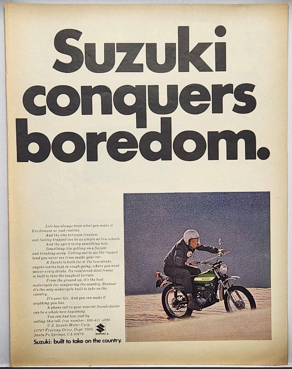 1971 Suzuki Motorcycles Conquers Boredom Vintage Color Print Ad