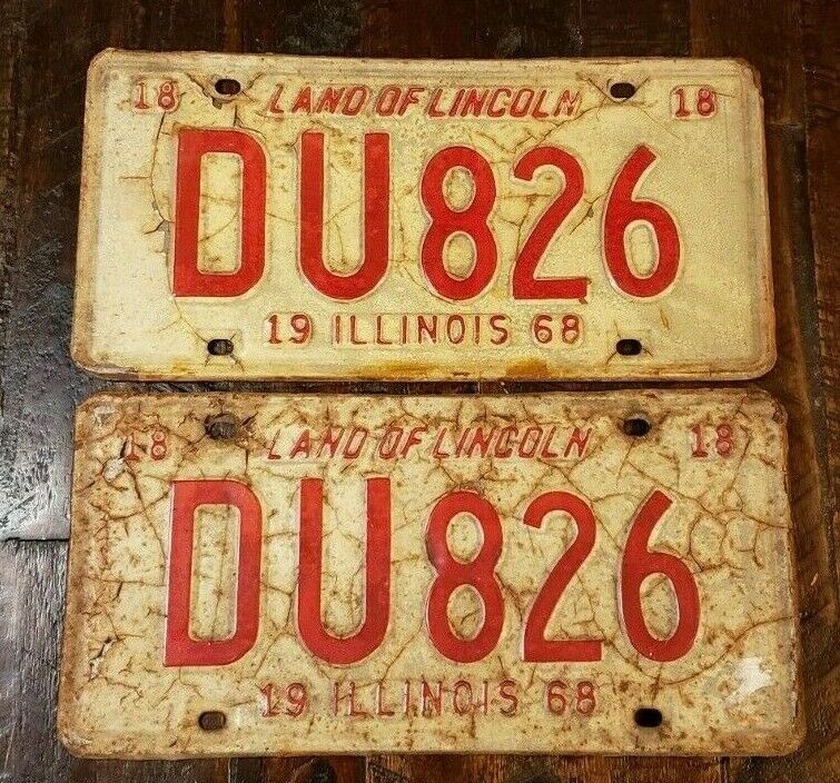 1968 ILLINOIS Original Paint License Plate Matching Pair DU 826.   Free S/H