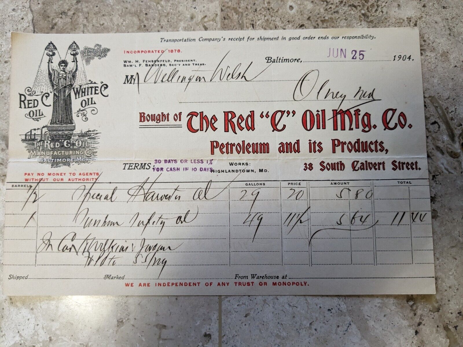 RARE  1904 LETTERHEAD GRAPHIC THE RED C OIL MFG CO. PETROLEUM BALTIMORE, MD