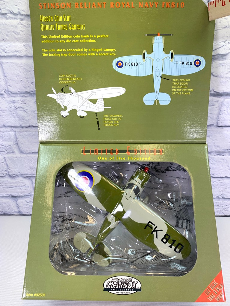 Gearbox Collectibles Royal Navy FK810 Hidden Slot Coin Bank Stinson Reliant New