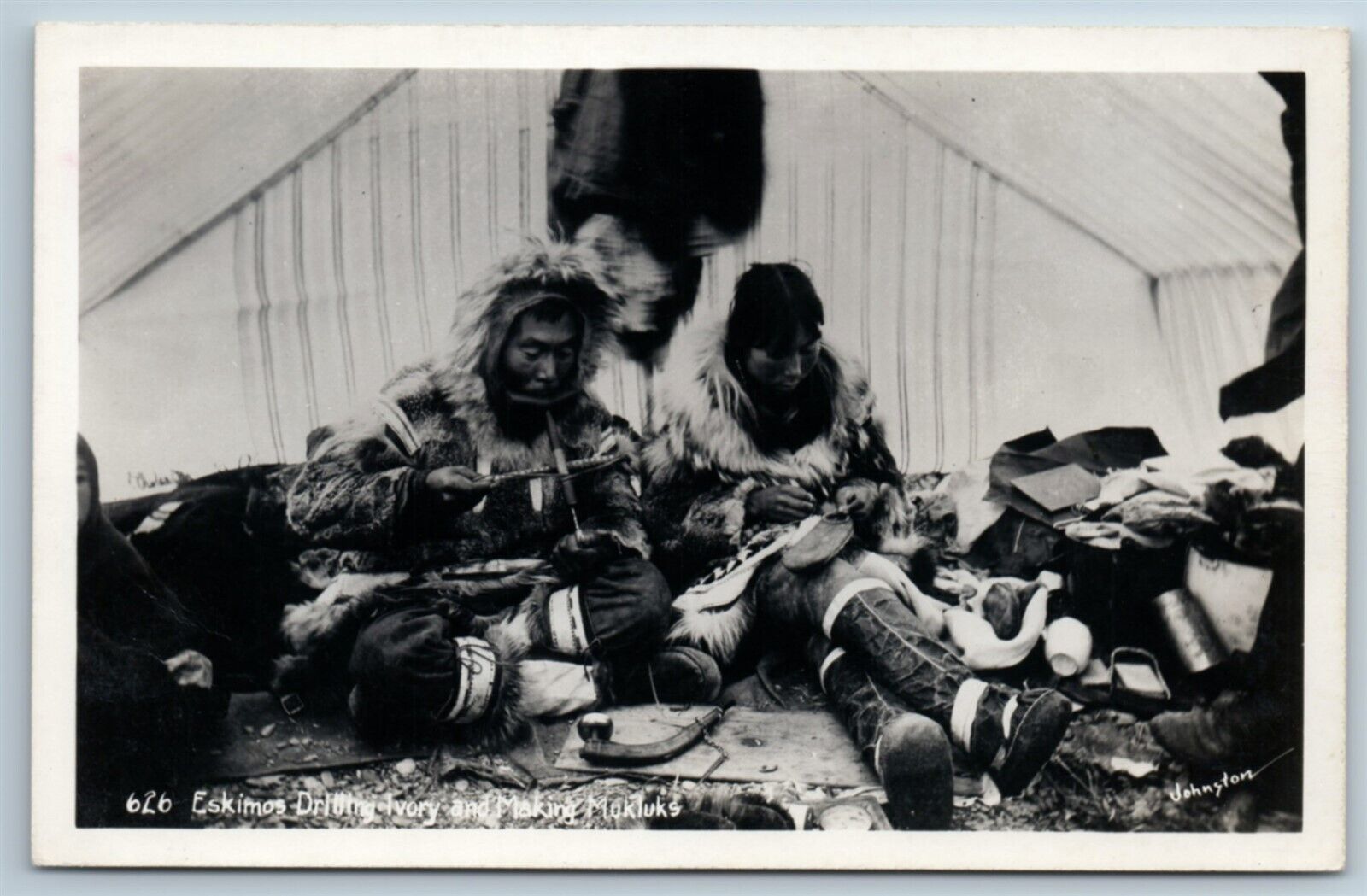 RPPC Inuit Eskimo Drilling Making Mukluks Alaska Real Photo Postcard I1H