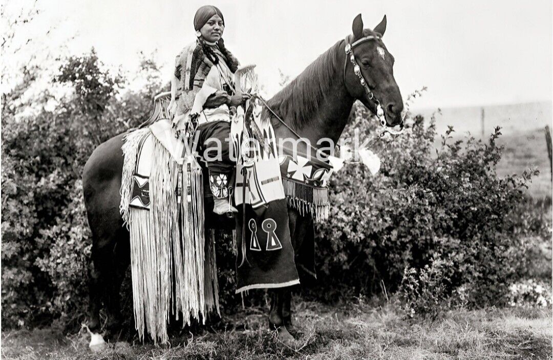 Vintage 1910\'s Black & White Reprint Photo of Native American Woman On Horse