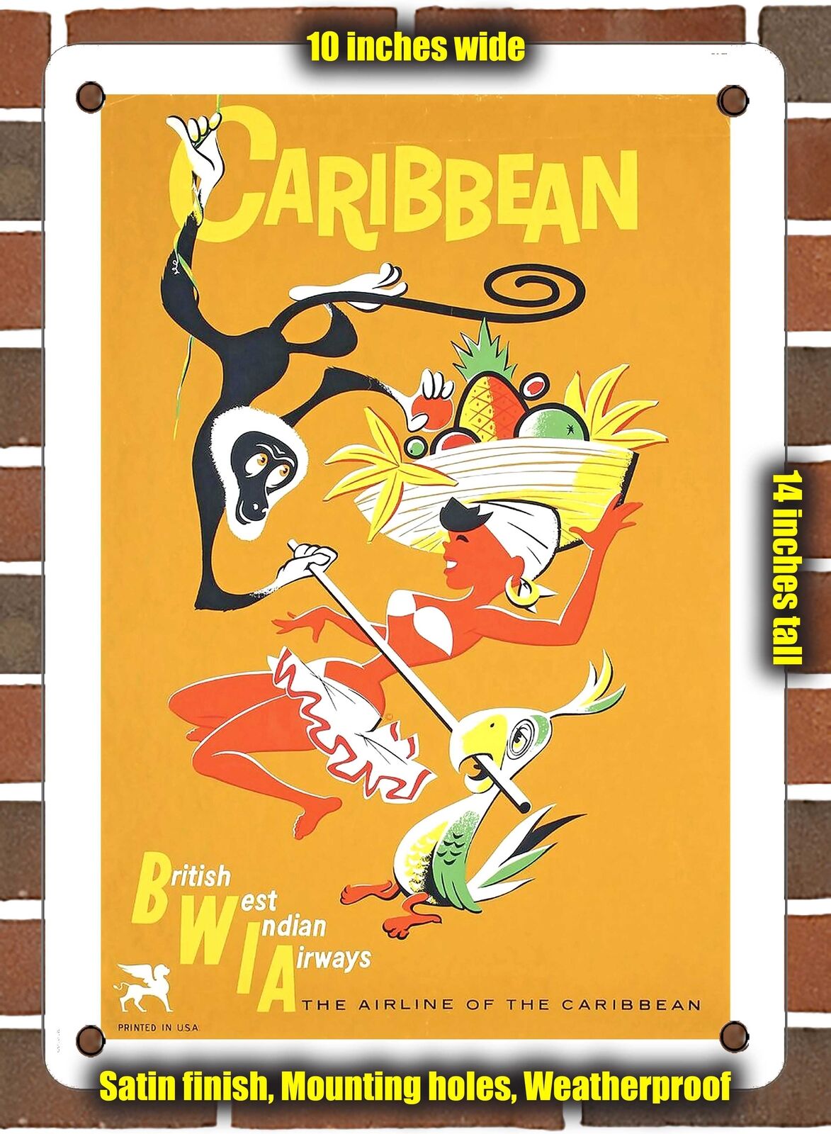 METAL SIGN - 1960 Caribbean BWIA - British West Indian Airways - 10x14 Inches