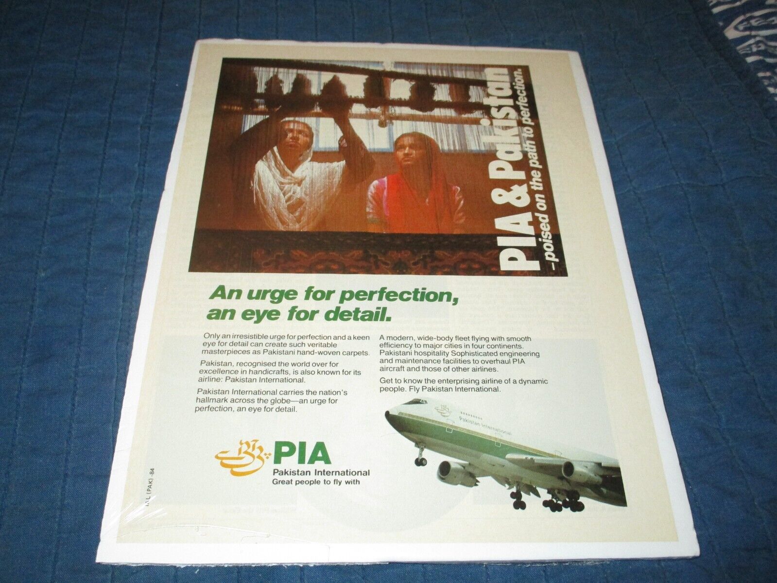 PAKISTAN INTERNATIONAL AIRLINE-PIA-747-ORIGINAL 1984 COLOR PRINT AD