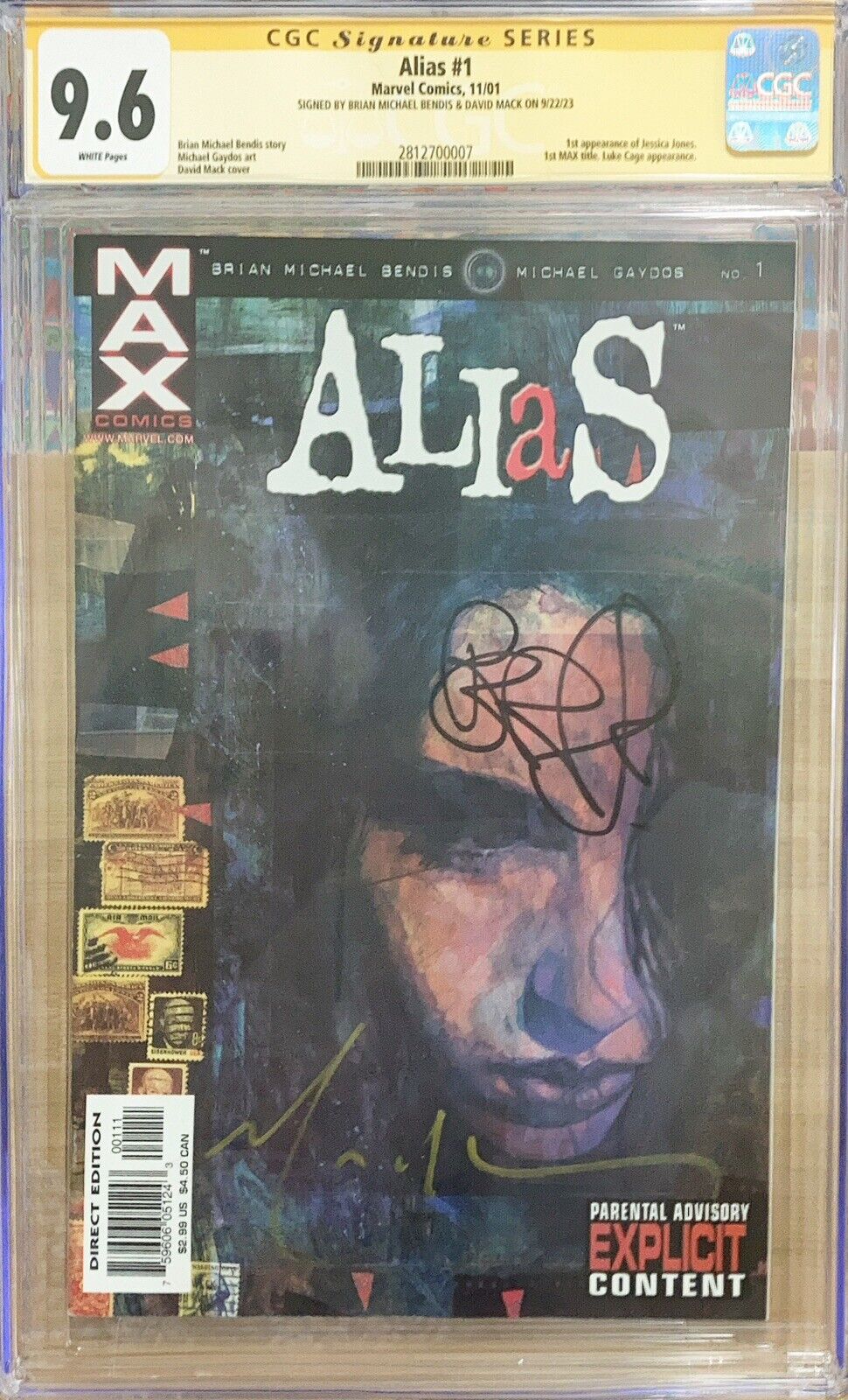 Alias #1 🔑CGC SS 9.6 1stApp of Jessica Jones  2x signed: Mack and Bendis
