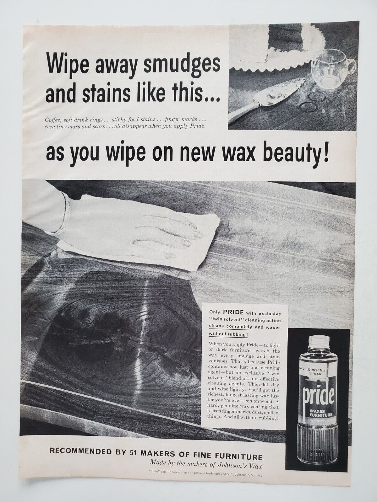 Johnson\'s Wax Pride Furniture Polish Cleans Wood Stains  1955 Vintage Print Ad