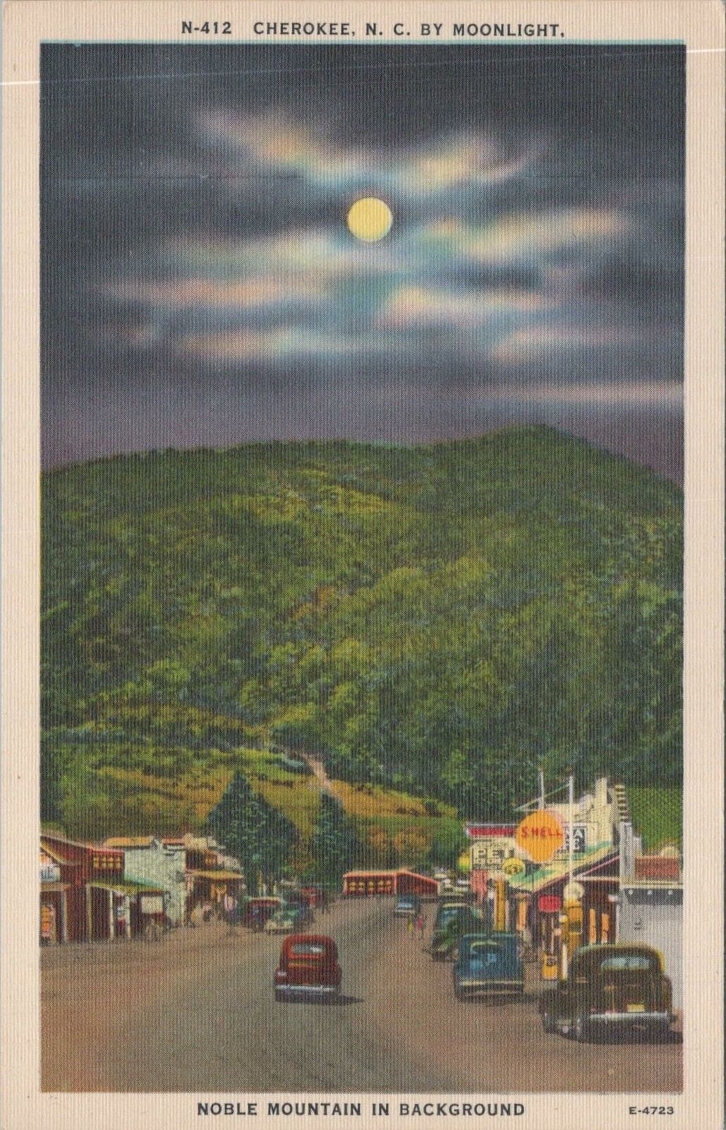 Postcard Cherokee NC by Moonlight Noble Mountain in Background 