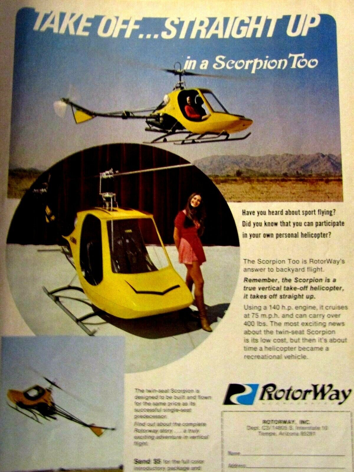 1972 Rotor Way Scorpion Too Helicopter Original Print Ad 8.5 x 11\