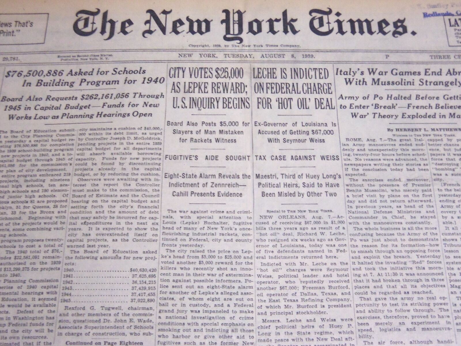 1939 AUGUST 8 NEW YORK TIMES - LECHE IS INDICTED ON FEDERAL CHARGE - NT 6839