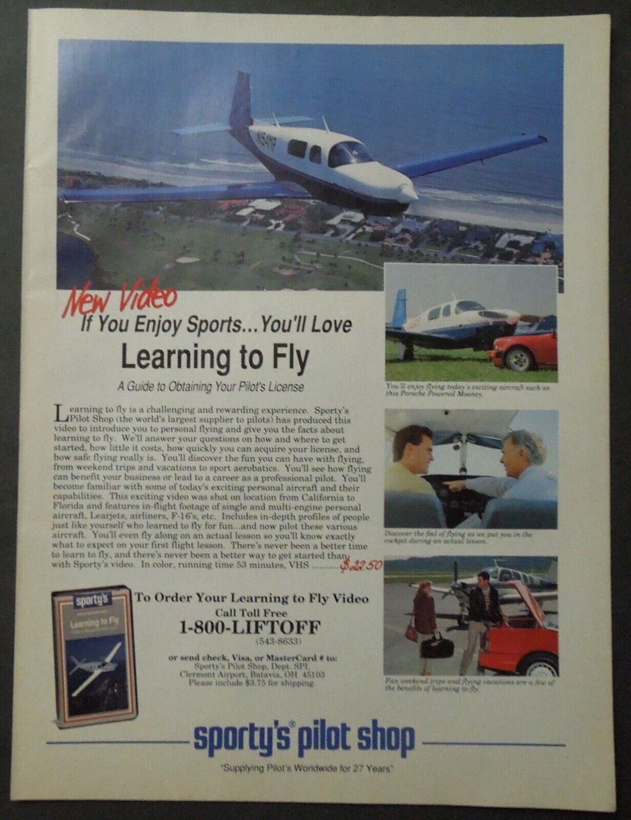 1989 SPORTY\'S PILOT SHOP Learning To Fly Video VHS Magazine AD