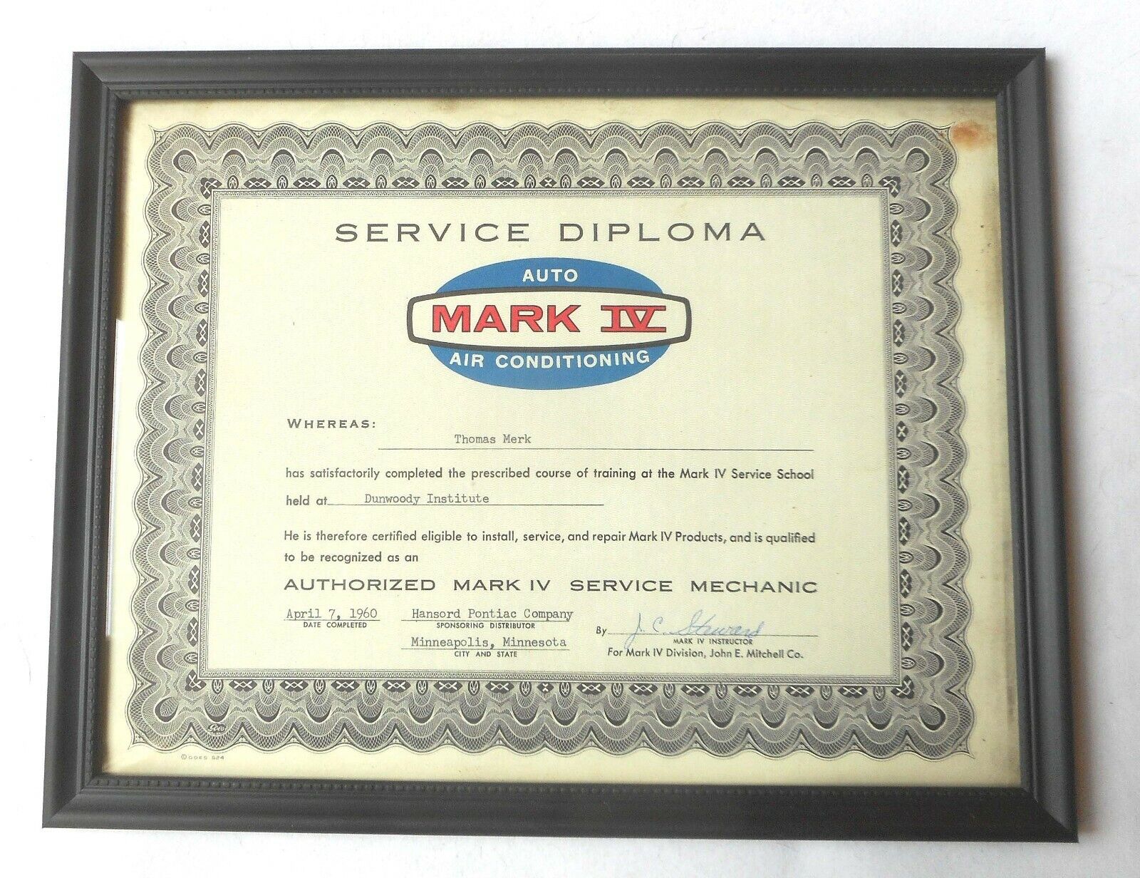 1960 PONTIAC  MARK IV A/C SERVICE DEALER  DIPLOMA ORIGINAL GM