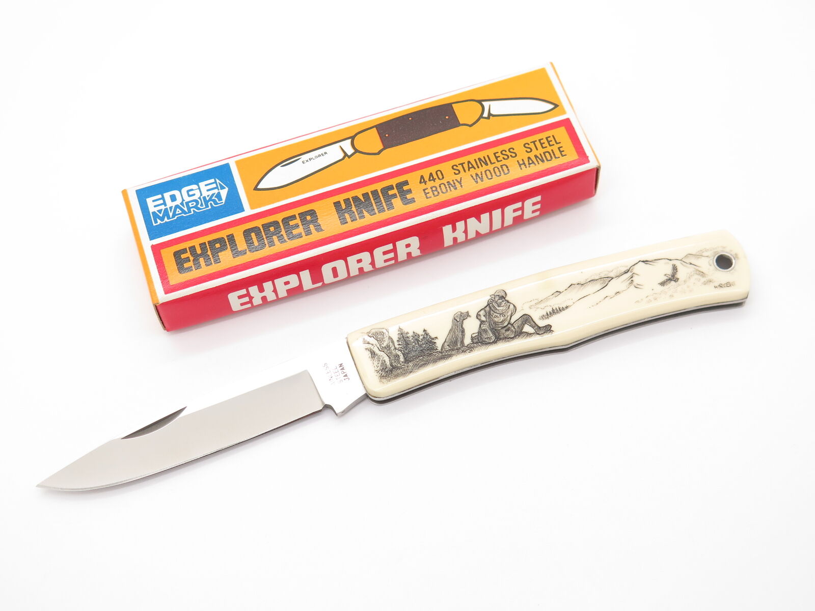Vintage Explorer G Sakai Seki Japan Hiker & Dog Scrimshaw Folding Pocket Knife