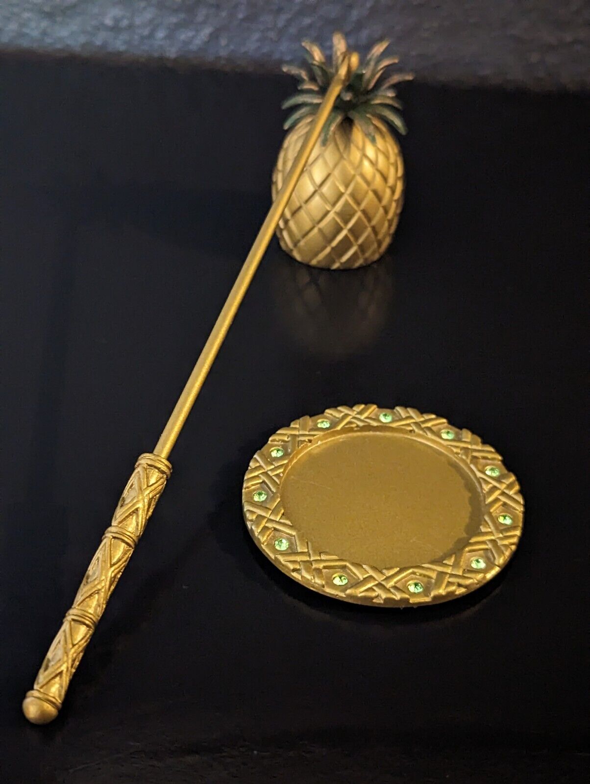 Partylite Island Escape Brass Toned Pineapple Candle Snuffer & Tray Set